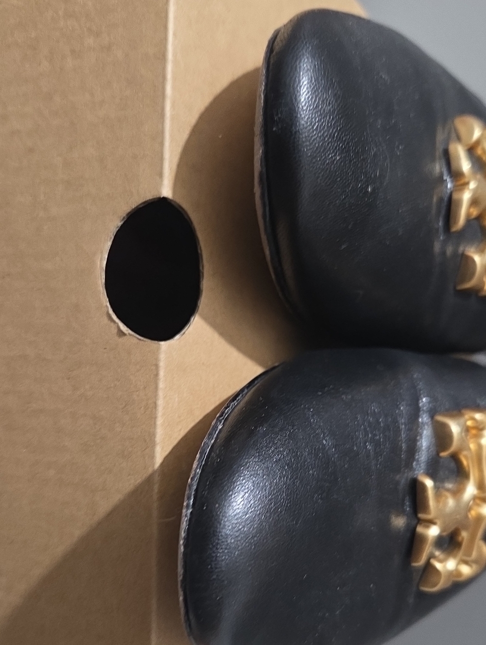 Tory Burch Black Leather Loafers with Gold Logo Medallion - Picture 4 of 5